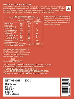 SMOOR Premium Dark Chocochip Cookies Crunchy & Sweet Gourmet Cookie Biscuits 200g