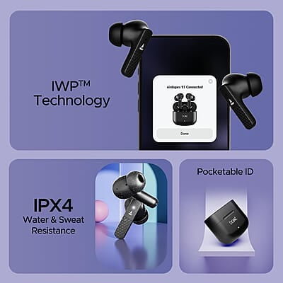 boAt Airdopes 91 Truly Wireless in Ear Ear Buds w/ 45 hrs Playtime, Beast Mode with 50 ms Low Latency, Dual Mics with ENx Tech, ASAP Charge, IWP Tech, IPX4 & Bluetooth v5.3