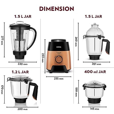 Borosil Fortuner Mixer Grinder Blender Juicer, Copper Motor, For Wet/Dry Mixing & Grinding, Blending Smoothies & Juicing Fruits 1000 Watts, 4 Jars (0.4L+1L+1.2L) (1.5L+1.5L+1.2L+0.4L)