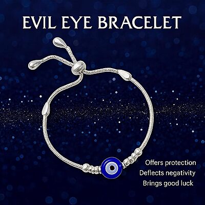Sterling Silver Adjustable Evil Eye Bracelet for Girls and Women Free Size