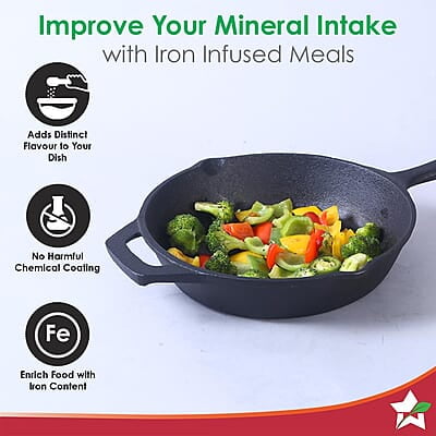 Wonderchef Forza Cast-Iron Fry Pan, Pre-Seasoned Cookware, Induction Friendly, 24cm, 3.8mm