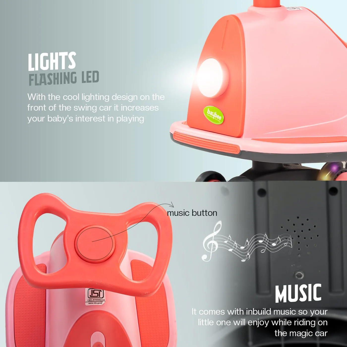 Baybee Nord Kids Magic Swing Car for Kids- Light Pink