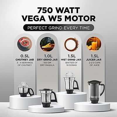 Preethi Steel Supreme MG-208 mixer grinder, 750 watt (Silver/ Black), 4 jars - Super Extractor juicer Jar, Vega W5