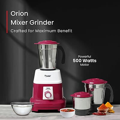 Prestige Orion 500 Watts Mixer Grinder with 3 Stainless Steel Jars