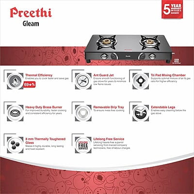 Preethi Blu Flame Gleam Glass Top 2-Burner Manual Gas Stove (Black) (ISI Certified)