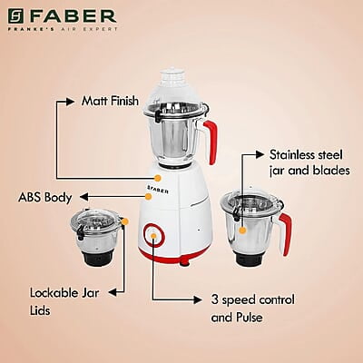Faber Crown 800W Blender Mixer Grinder, 3 SS clip lock jars and blades  copper motor, up to 20000 rpm speed