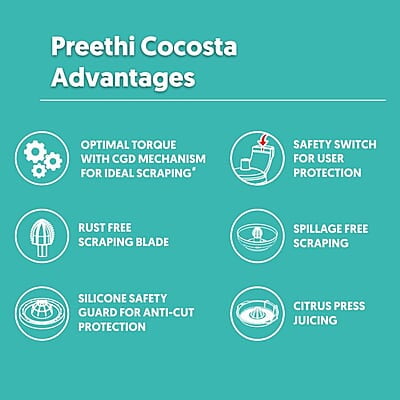 Preethi Cocosta Kp001 Coconut Scraper&Citrus Juicer,100% Safe Dual Protection Scraper