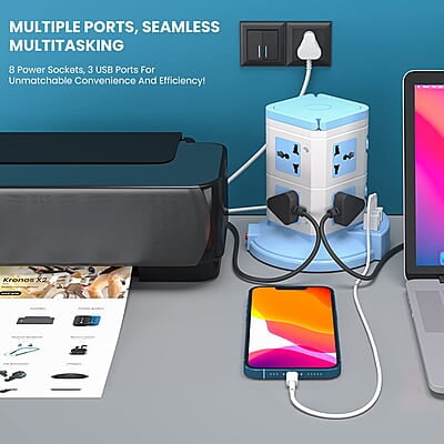Portronics Power Plate 9 with 3 USB Ports + 8 Power Sockets Power Converter, 2500W Power Output, 2.1A USB Charging Port, 3M Cord Length Portronics Power Plate 9 with 3 USB Ports + 8 Power Sockets Power Converter, 2500W Power Output, 2.1A USB Charging Port, 3M Cord Length