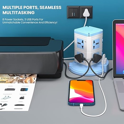 Portronics Power Plate 9 with 3 USB Ports + 8 Power Sockets Power Converter, 2500W Power Output, 2.1A USB Charging Port, 3M Cord Length (Blue) Portronics Power Plate 9 with 3 USB Ports + 8 Power Sockets Power Converter, 2500W Power Output, 2.1A USB Charging Port, 3M Cord Length (Blue)