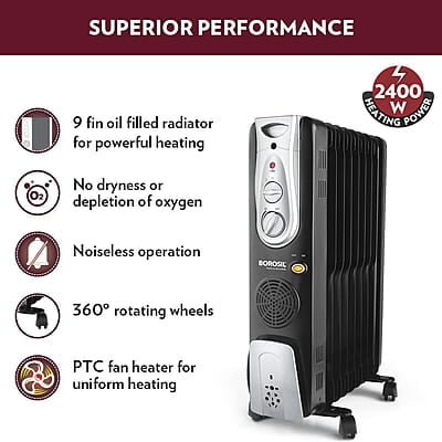 Borosil Volcano 9 Fin OFR | 3 Power Heating Mode, 2400W Oil Filter Filled Radiator Room Heater | Noiseless Operation, PTC Fan | 2 Years Warranty, Black Borosil Volcano 9 Fin OFR | 3 Power Heating Mode, 2400W Oil Filter Filled Radiator Room Heater | Noiseless Operation, PTC Fan | 2 Years Warranty, Black