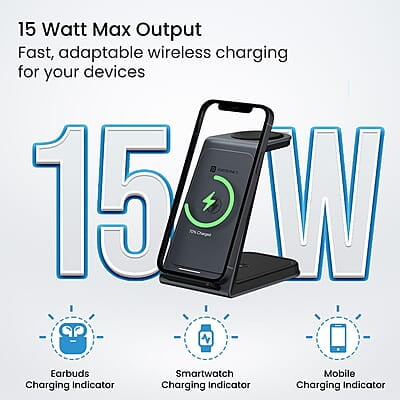 Portronics Freedom Trio 15w 3in1 Wireless Charger for iPhone 15/15 Plus/15 Pro/15 Pro Max, iPhone 14/14 Plus/14 Pro/Max, iPhone 13/12/11 Series, iWatches and AirPods etc.