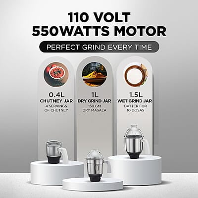 Preethi Eco Plus MG-138 110V, 550 Watt Mixer Grinder with 3 Jars (0.4L Chutney grinding Jar + 1.0L dry grinding Jar + 1.5L Wet grinding Jar, Stainless Steel)