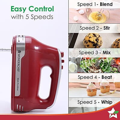 Wonderchef Crimson Edge 5 Speed Electric Hand Mixer 300W  SS Whisk Beaters and Dough Hooks