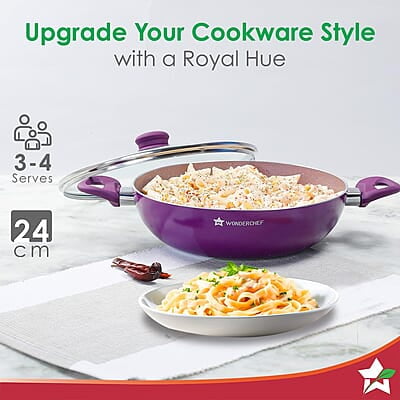 Wonderchef Royal Velvet Non-stick 24cm Kadhai with Lid and Handles 3 mm thick Wonderchef Royal Velvet Non-stick 24cm Kadhai with Lid and Handles 3 mm thick