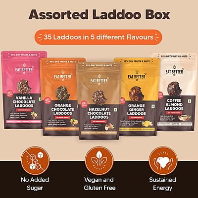 EAT BETTER CO - Assorted Laddoo Box - 35 laddoos in 5 Different Flavors | Dry - Fruit Laddoos | Sugar-Free | Naturally Sweet | Energy Bar Replacement | High Protein and Instant Energy, 520 gm EAT BETTER CO - Assorted Laddoo Box - 35 laddoos in 5 Different Flavors | Dry - Fruit Laddoos | Sugar-Free | Naturally Sweet | Energy Bar Replacement | High Protein and Instant Energy, 520 gm