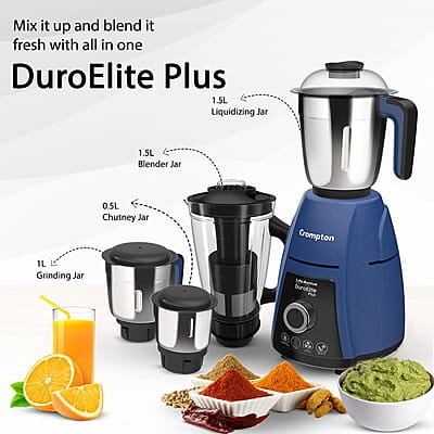 Crompton DuroElite Plus 800 W Mixer Grinder with 4 Jars (3 Stainless Steel Jars+ 1.5L Juicer Jar with Fruit Filter)