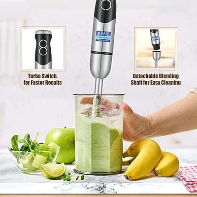 Kent Ss Hand Blender 450W | Variable Speed Control | Turbo Switch For Fast Blending | Detachable Shaft For Easy Cleaning | Hot & Cold Blending | Low Noise Dc Motor - Stainless Steel, 450 Watts, Silver