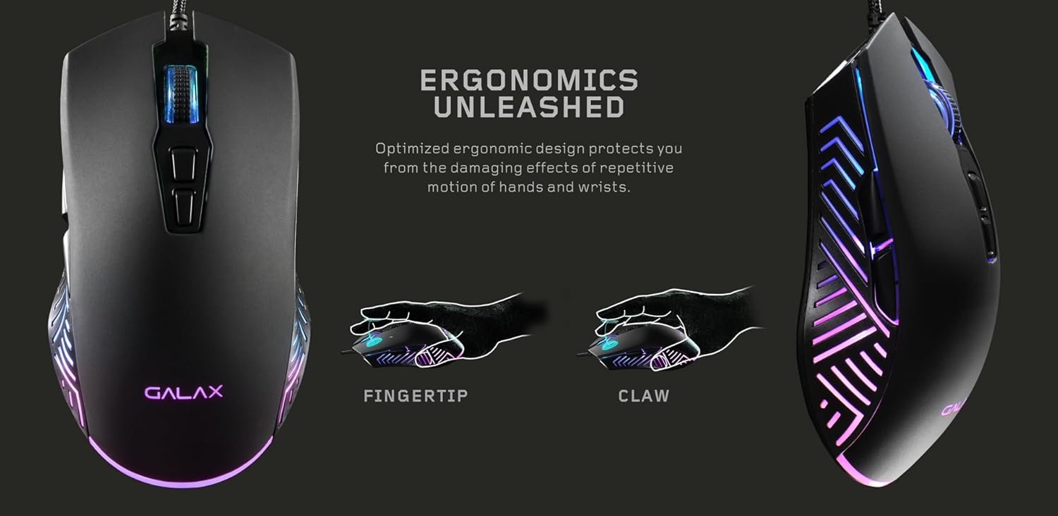 GALAX Slider-03 USB Wired Gaming Mouse | 7 Programmable Buttons | Customizable RGB Lights | Ergonomic Design | 7200 DPI Gaming Grade Sensor | 1.5m Braided Cable | 16.8mn Color, Light Weight - Black GALAX Slider-03 USB Wired Gaming Mouse | 7 Programmable Buttons | Customizable RGB Lights | Ergonomic Design | 7200 DPI Gaming Grade Sensor | 1.5m Braided Cable | 16.8mn Color, Light Weight - Black