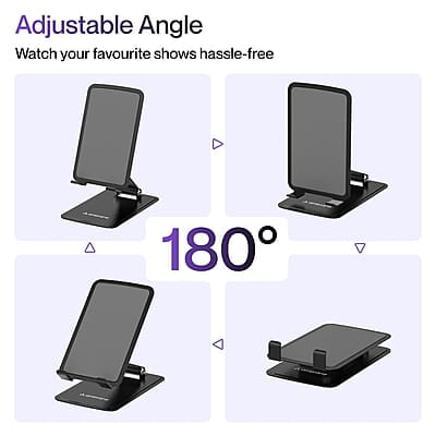 Ambrane Metallic Mobile Holder for All Smartphones, Tabs, Kindle, iPad Mobile Holding Tabletop Stand, 180 Perfect View, Height Adjustment, Foldable Design Twistand Pro