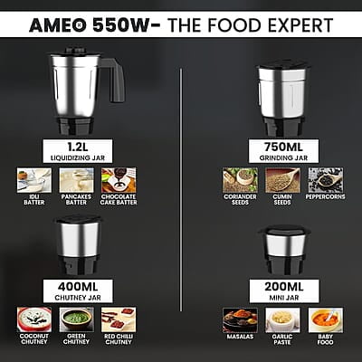 Crompton Ameo 550-Watt Mixer Grinder with MaxiGrind and Motor Vent-X Technology