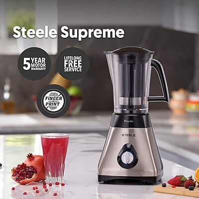 Preethi Steel Supreme MG-208 mixer grinder, 750 watt (Silver/ Black), 4 jars - Super Extractor juicer Jar, Vega W5