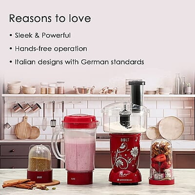 Wonderchef Nutri-blend BOLT Food Processor & Atta Kneader 600W 22000 RPM 4 unbreakable jars with Sipper lid Red