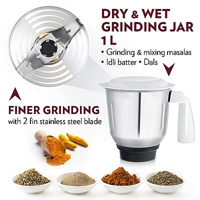 Borosil Supermax Mixer Grinder, For Wet/Dry Mixing & Grinding, 750 Watts, 3 Stainless Steel Jars(1.5 L Blending Jar, 1 L Dry/Wet Grinder, 400 ml Chutney Jar), Mixie For Kitchen, Blue