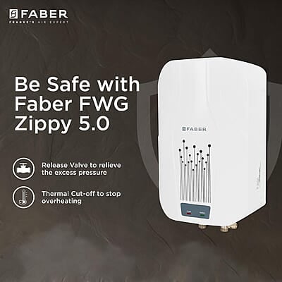 Faber Zippy Instant Geyser 5 Litre 3000W Powerful Heating Superior Energy Efficiency