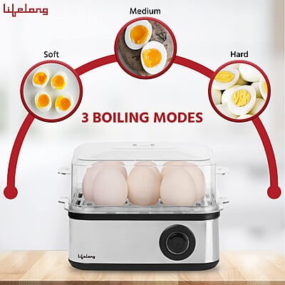 Lifelong 2-in1 Egg Boiler and Poacher 500-Watt Boil 8 eggs, Poach 4 eggs, Easy to clean 3 Boiling Modes