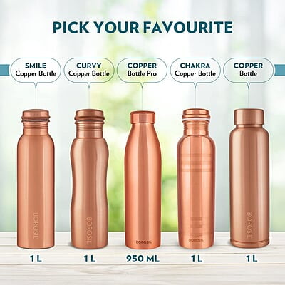 Borosil Chakra Copper Water Bottle, 100% Copper, Leak-proof, For Everyday Use, 1 L, Bronze
