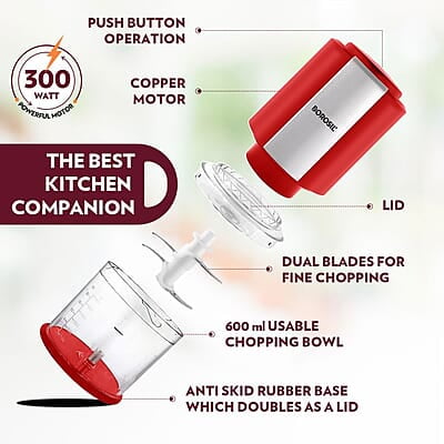 Borosil Chef Delite 300 Watts Electric Chopper for Kitchen, Twin Blade Technology, 600 ml 'chop-n-store' plastic bowl with lid, Vegetable Chopper, Cutter, Chop, Mince, Dice, Whisk, Blend, Red