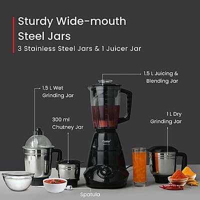 Prestige Iris Plus 750 W Mixer Grinder With 4 Jars (3 Stainless Steel Jars+ 1 Juicer Jar) 4 Super Efficient Stainless Blades Prestige Iris Plus 750 W Mixer Grinder With 4 Jars (3 Stainless Steel Jars+ 1 Juicer Jar) 4 Super Efficient Stainless Blades