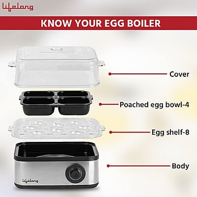 Lifelong 2-in1 Egg Boiler and Poacher 500-Watt Boil 8 eggs, Poach 4 eggs, Easy to clean 3 Boiling Modes