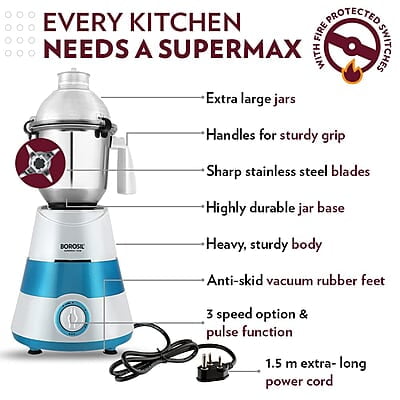 Borosil Supermax Mixer Grinder, For Wet/Dry Mixing & Grinding, 750 Watts, 3 Stainless Steel Jars(1.5 L Blending Jar, 1 L Dry/Wet Grinder, 400 ml Chutney Jar), Mixie For Kitchen, Blue