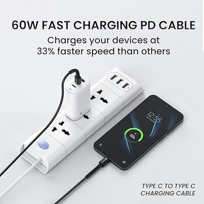 Portronics Konnect X 60W Type C to Type C Unbreakable Nylon Braided Cable, 2M Fast Charging Cable for iPhone 15 series, iPad, Samsung Galaxy & other Type C Devices Portronics Konnect X 60W Type C to Type C Unbreakable Nylon Braided Cable, 2M Fast Charging Cable for iPhone 15 series, iPad, Samsung Galaxy & other Type C Devices