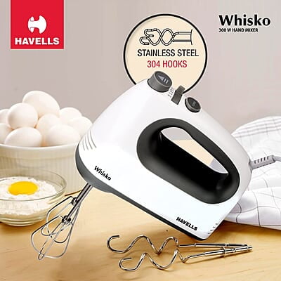 Havells Whisko 300 watt Hand Mixer with Single Eject Button, 5 Speed Turbo Function, Stainless Steel Hooks