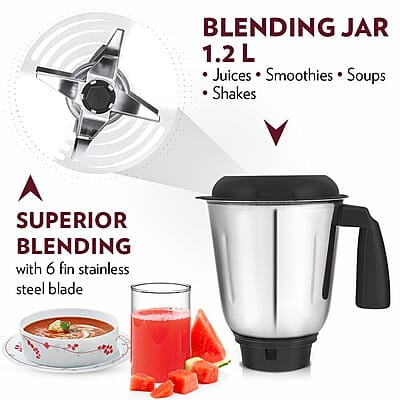 Borosil Best Mixer Grinder, 500 Watts, 3 Jars (1.5L Blending Jar, 1L Dry/Wet Grinding Jar, 400 ml Chutney Jar), Kitchen Mixie, 2 Years Warranty on Motor