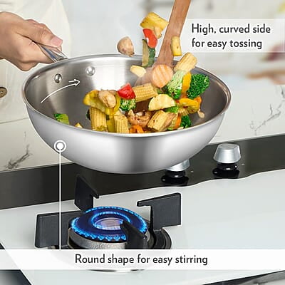 Borosil 3.5 L Cookfresh Tri-ply Stainless Steel Wok with Lid | 26 Cm Kadhai for Deep Fry