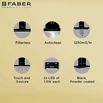 Faber 90cm 1250 m3/hr 6 way silent suction, Autoclean Chimney, Filterless Touch & Gesture Control