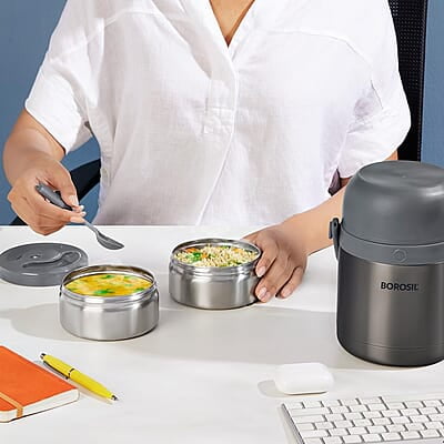 Borosil Hot-N-Fresh Prime Stainless Steel Insulated Lunch Box, Keeps food warm upto 8 Hours, Set of 2 (420 ml + 420 ml), Grey