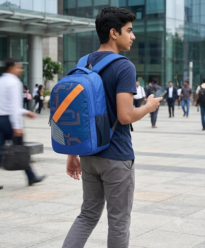 Brand: Generic Blue Laptop Backpack with Circuit Board Print, Orange Accent