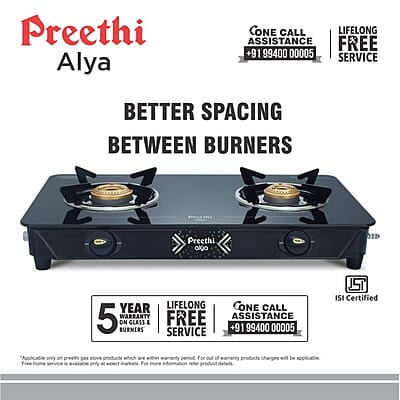 Preethi Alya Glass Top 2 Burner Gas Stove, Manual Ignition