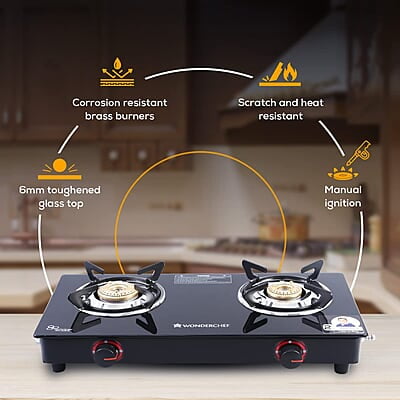 Wonderchef Platinum Plus 2 Burner Auto Glass Cooktop 6mm Toughened Glass Auto Ignition