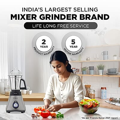 Preethi Steel Supreme MG-208 mixer grinder, 750 watt (Silver/ Black), 4 jars - Super Extractor juicer Jar, Vega W5