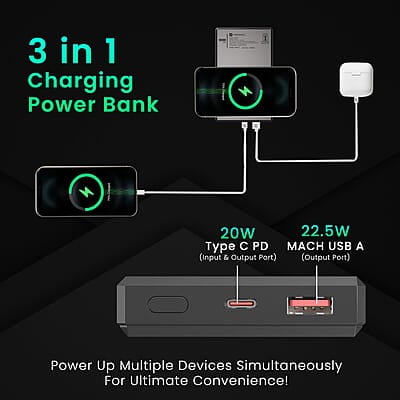 Portronics Luxcell MagClick 10k 10000 mAh 15W Magnetic Wireless Fast Charging Power Bank Premium Finish, 22.5 Wired Output