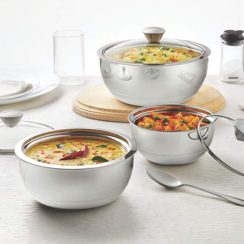 Borosil Stainless Steel Curry Server (Silver, 500ml, 900ml, 1.5L) - 3 Pc Set