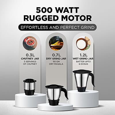 Preethi Tiara Mixer Grinder for Kitchen - 3 Jars 500 Watt Mixie - Chutney Jar & Dry Grinder Jar