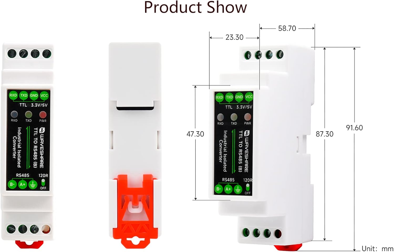 Rail-mount TTL To RS485 Galvanic isolated Converter, 600W Lightningproof & Anti-Surge, Multi-Isolation Protection)