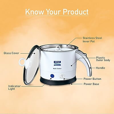 KENT Kettle Multicooker Cum Steamer 1.2 liters 800W| Boiling of Water, Tea ,Eggs , Instant Noodle Maker, Steaming idlis, Momos |Inner Stainless Steel without joint and welding & Cool Touch Outer Body