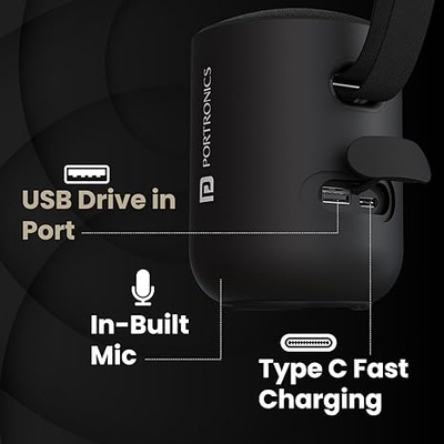 Portronics Soundpot 20W Wireless Bluetooth Portable Speaker with 360° immersive Sound, Upto 6 Hours Playtime, in Built Mic, TWS Mode, Easy Control, Strong Lanyard, Type C Fast Charging(Black) Portronics Soundpot 20W Wireless Bluetooth Portable Speaker with 360° immersive Sound, Upto 6 Hours Playtime, in Built Mic, TWS Mode, Easy Control, Strong Lanyard, Type C Fast Charging(Black)